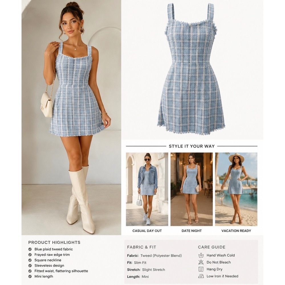 Umgee Blue Plaid Tweed Mini Dress Square Neck Frayed Raw Edge Sleeveless Large
